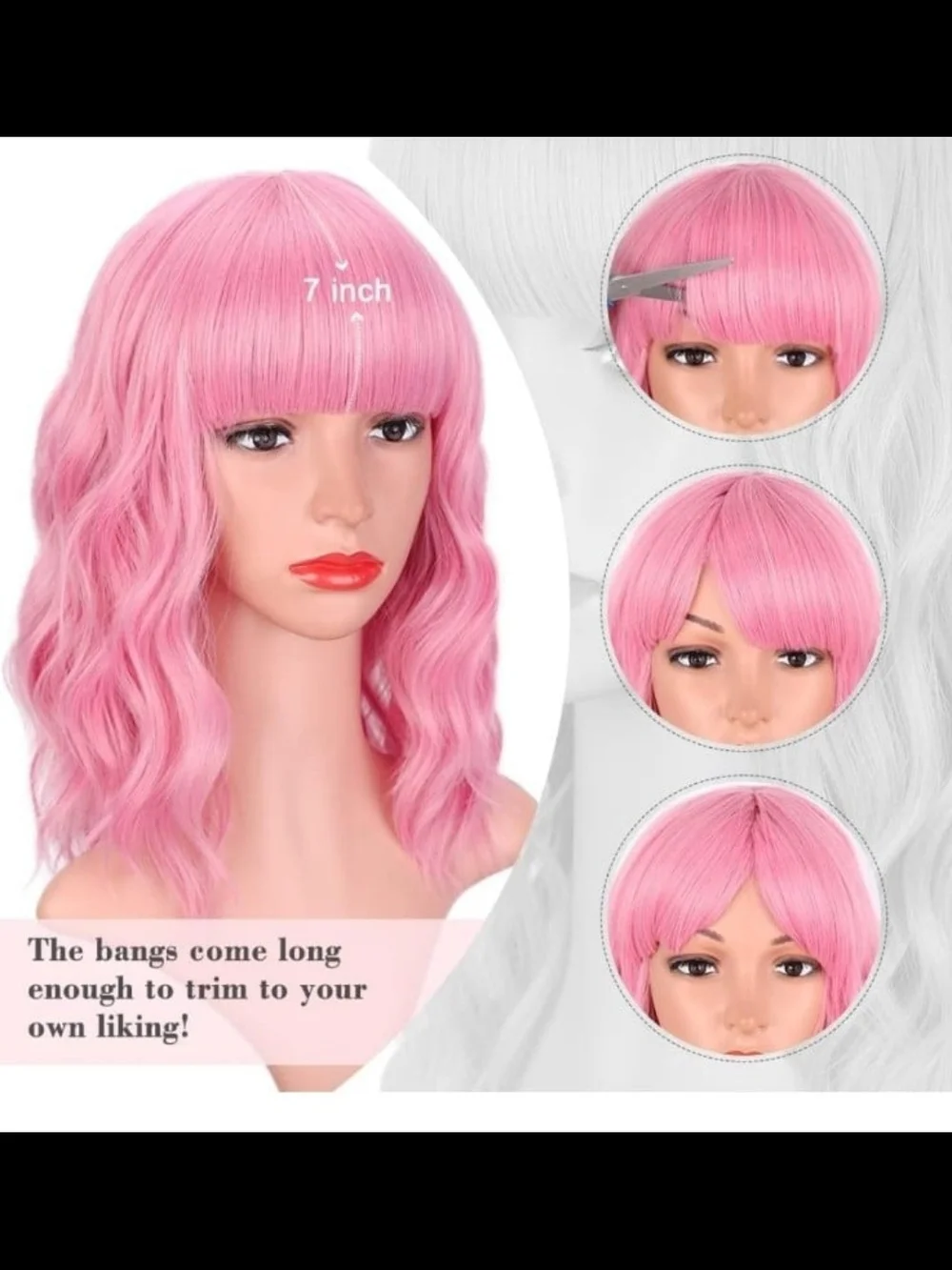 14 Inch Pink Wavy Synthetic Hair Wig with Bangs